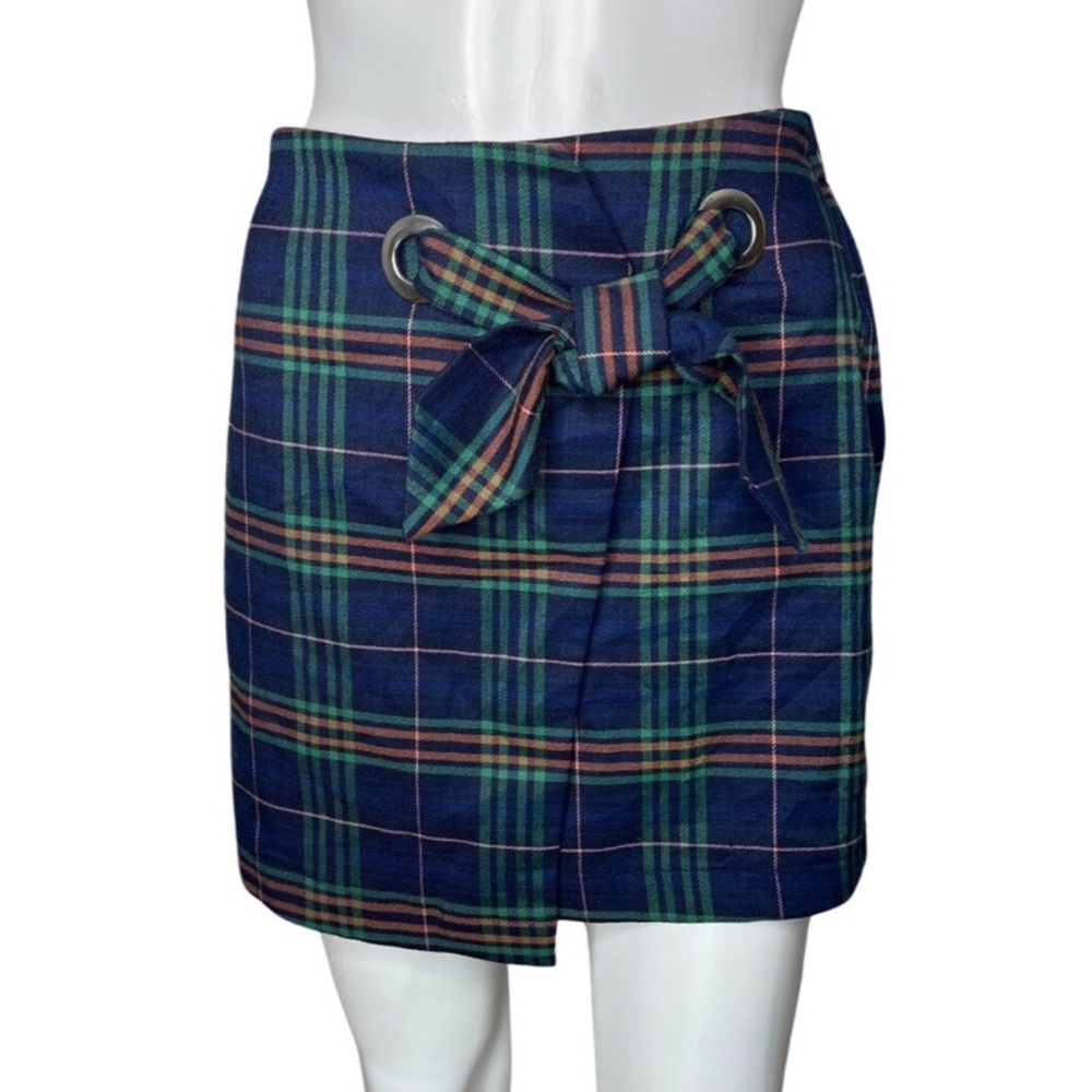 Wild Fable Plaid Navy Green Mini Skirt with Tie Detail